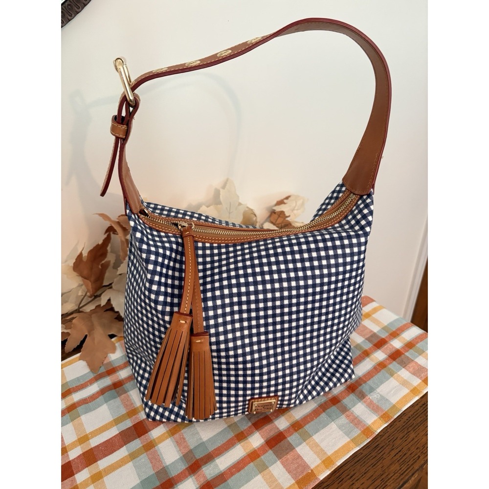 Dooney & Bourke Coated Blue Gingham Hobo Shoulder Bag Checkered Navy 11x11